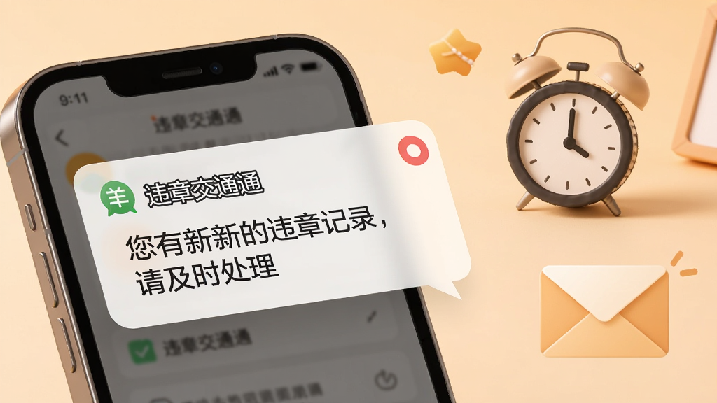 画面展示一部手机屏幕弹出“违章交通通”推送通知,通知内容显示“您有新的违章记录,请及时处理”,手机旁边有闹钟和信封图标,背景为浅橙色渐变,风格为温馨提醒风,细节包括通知气泡和红色圆点标记,画质高清,干净,无多余元素