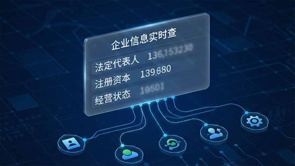 画面中心是一张悬浮的半透明数据卡片,卡片上整齐排列着“法定代表人”“注册资本”“经营状态”等字段标签,卡片下方有连接线延伸至代表不同数据源的图标。背景为深蓝色科技网格,风格为数据可视化信息图,主体突出,排版简洁,画质高清,干净无多余元素,卡片上文字标注“企业信息实时查”。