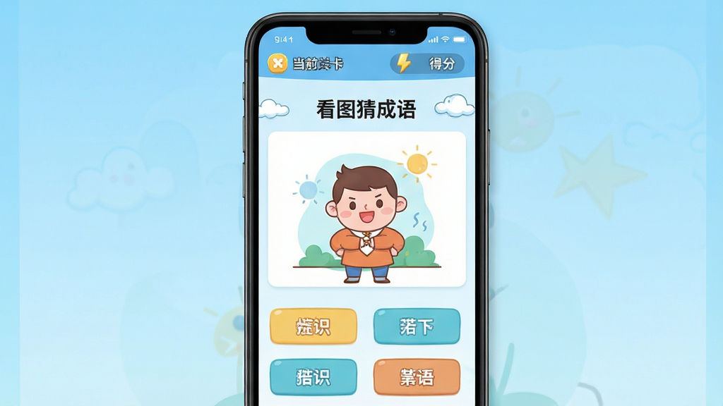 一张展示卓识成语答题界面的预览图,画面中手机屏幕显示一道看图猜成语的题目,图片区域是一幅简洁的插画,下方有四个选项按钮,屏幕顶部显示当前关卡数和得分,整体风格明快活泼,背景为浅蓝色渐变,画质清晰干净,无多余元素。