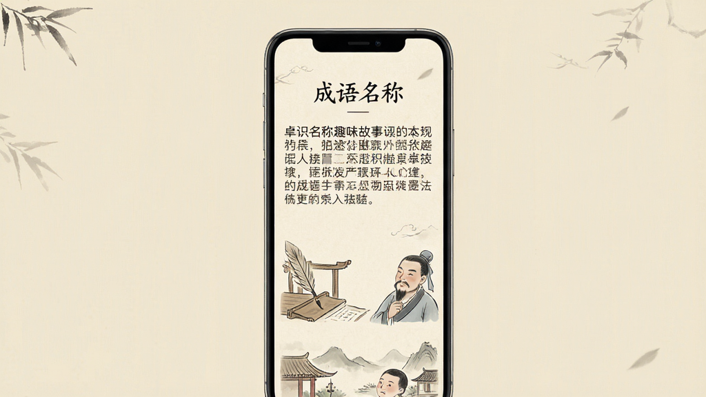 一张展示卓识成语趣味故事阅读界面的预览图,画面中手机屏幕显示一篇成语故事文章,标题为成语名称,正文为故事内容,配有简单的古风插画,整体风格文艺清新,背景为米黄色,画质干净,无多余元素。