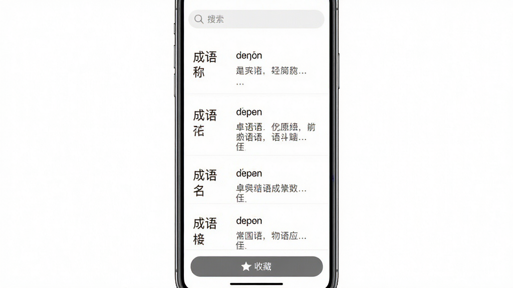 一张展示卓识成语成语大全功能的预览图,画面中手机屏幕显示成语列表页面,每条成语包含成语名称、拼音和简短释义,页面顶部有搜索框,底部有收藏按钮,整体排版整齐清晰,风格素雅简洁,背景为白色,画质干净,无多余元素。