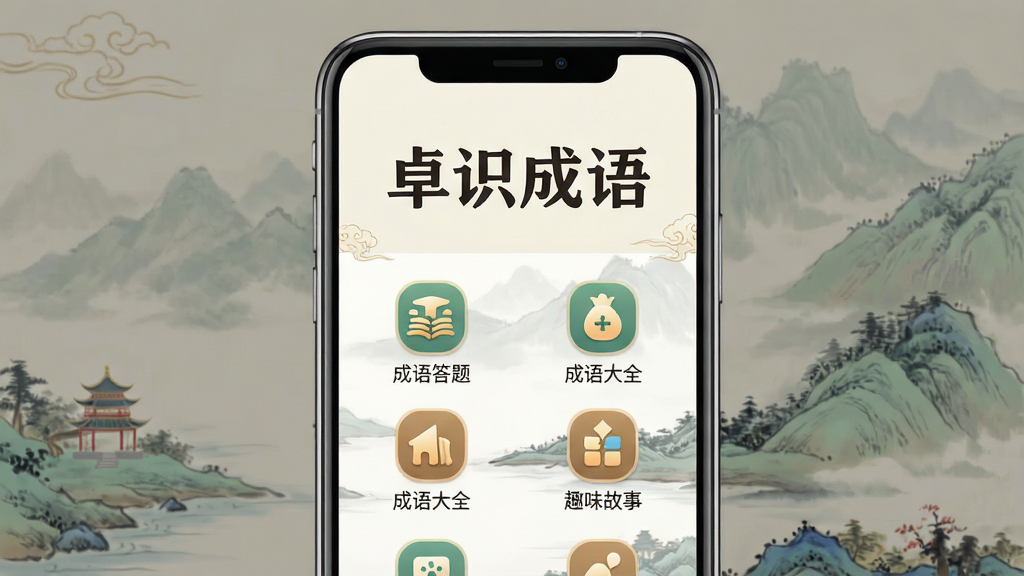 一张展示卓识成语软件主界面的预览图,画面中央是手机屏幕,屏幕内显示卓识成语APP的首页,上方有“卓识成语”四个大字的标题,下方排列着成语答题、成语大全、趣味故事等功能入口图标,背景为淡雅的中国风山水图案,整体风格清新简洁,画质干净清晰,无多余元素。