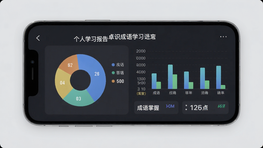 一张展示卓识成语学习进度记录界面的预览图,画面中手机屏幕显示个人学习报告页面,包含饼状图、柱状图和数字统计,展示成语掌握数量、答题正确率等数据,整体风格现代简洁,背景为浅灰色,画质清晰干净,无多余元素。