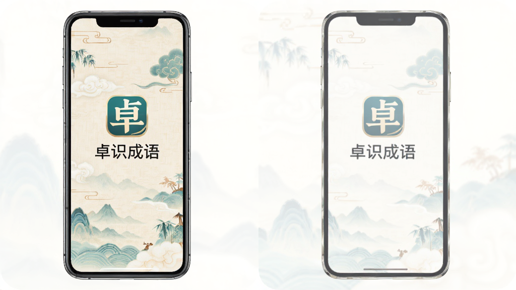 一张展示卓识成语在手机上安装完成后的桌面图标和首次打开界面的预览图,画面中手机屏幕显示卓识成语的启动页,包含软件Logo和名称,背景为淡雅的中国风图案,整体风格简洁大方,画质清晰干净,无多余元素。