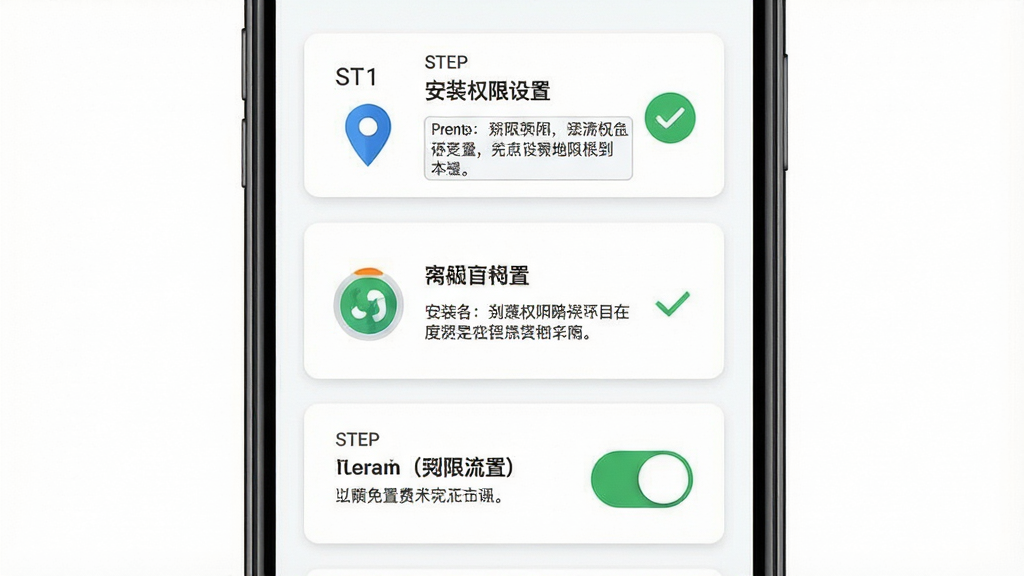 一张高清免费导航地图使用指南示意图,画面主体为手机屏幕,屏幕内以步骤卡片形式展示安装权限设置流程,有定位图标、存储图标与权限开关按钮,整体布局为纵向排列,风格为简洁信息图风,细节包括步骤序号、勾选标记与提示文字框,画质清晰,干净无多余元素,背景为白色