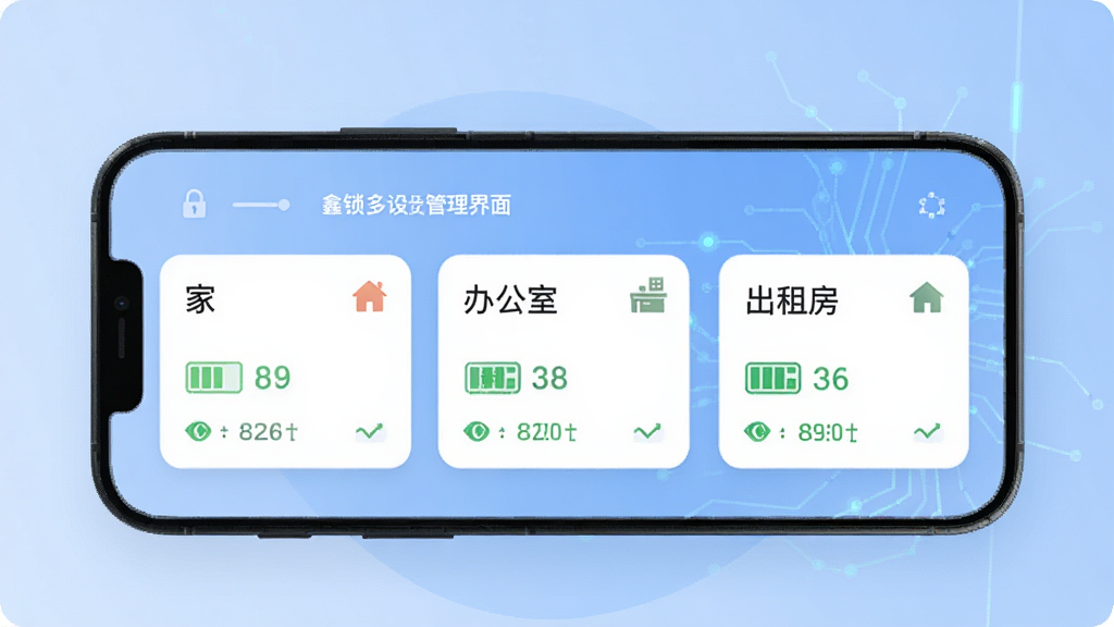 一张展示鑫锁多设备管理界面的图片,手机屏幕显示三张门锁状态卡片,分别标注“家”“办公室”“出租房”,卡片上有电量与连接状态图标,背景是柔和的蓝色渐变,风格为扁平化科技风,细节清晰,画质高清,干净,无多余元素