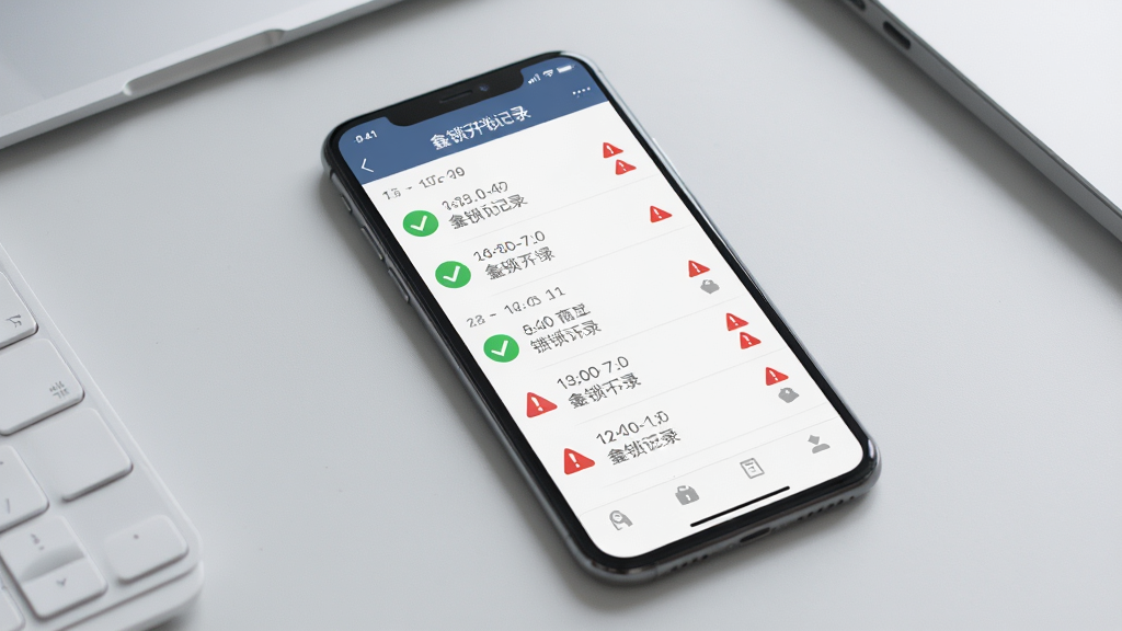 一张展示鑫锁开锁记录界面的图片,手机屏幕显示按时间排列的记录列表,每条记录有绿色对勾或红色警示图标,背景是浅灰色办公桌面,风格为清爽商务风,细节清晰,画质高清,干净,无多余元素