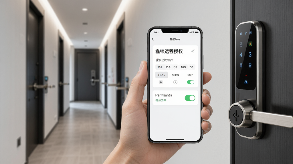 一张展示鑫锁远程授权功能的图片,画面中一只手拿着手机,手机屏幕显示授权设置界面,有日期选择器和权限开关,背景是公寓走廊和智能门锁,风格为现代简约写实风,细节清晰,画质高清,干净,无多余元素