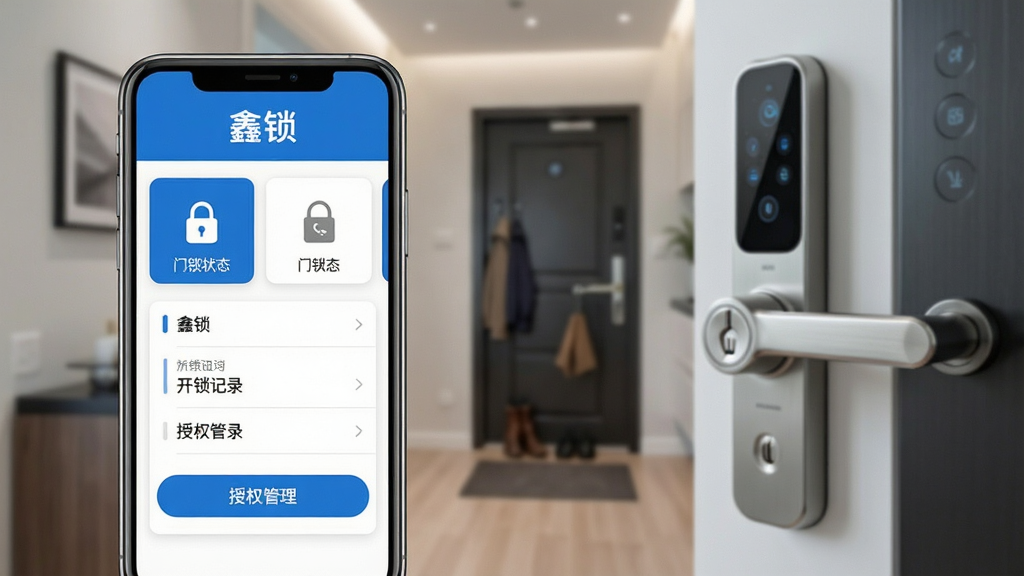 一张展示智能手机屏幕的图片,屏幕中央显示鑫锁软件主界面,界面采用蓝色与白色为主色调,顶部有“鑫锁”文字标识,下方排列着门锁状态卡片、开锁记录列表和授权管理按钮,背景是虚化的现代家居玄关场景,门锁为银色智能锁,风格为写实科技风,细节清晰,画质高清,干净,无多余元素