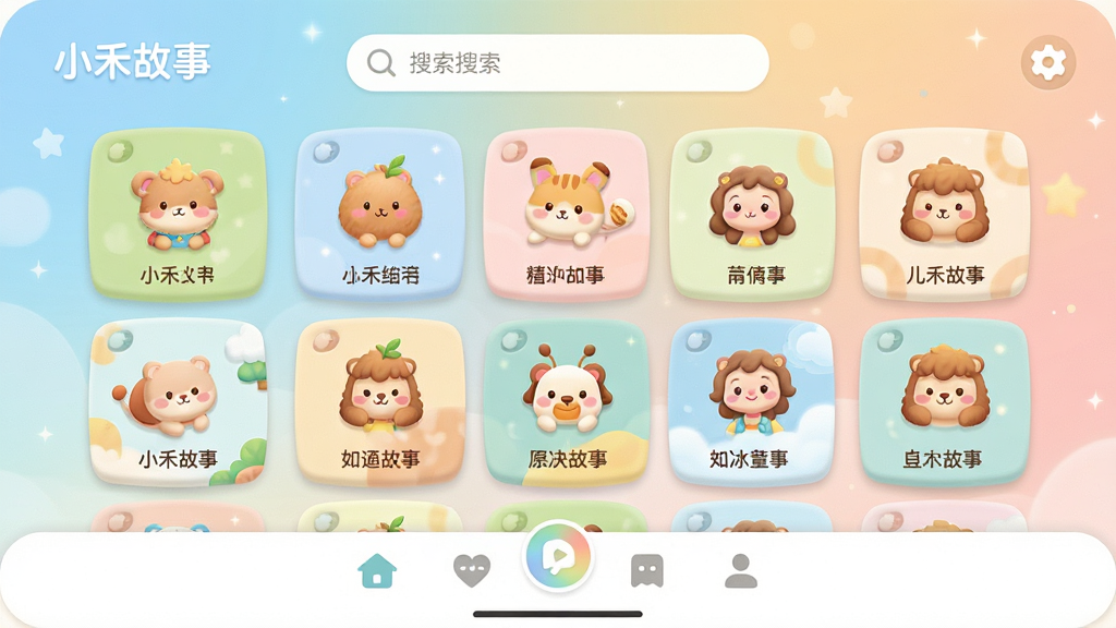 一款名为“小禾故事”的儿童教育应用主界面展示,布局为顶部搜索栏与底部导航栏,中间为色彩柔和的故事卡片网格,排版整齐清晰,风格为卡通童趣,细节包括圆润图标与柔和渐变背景,画质高清,画面干净,无多余元素