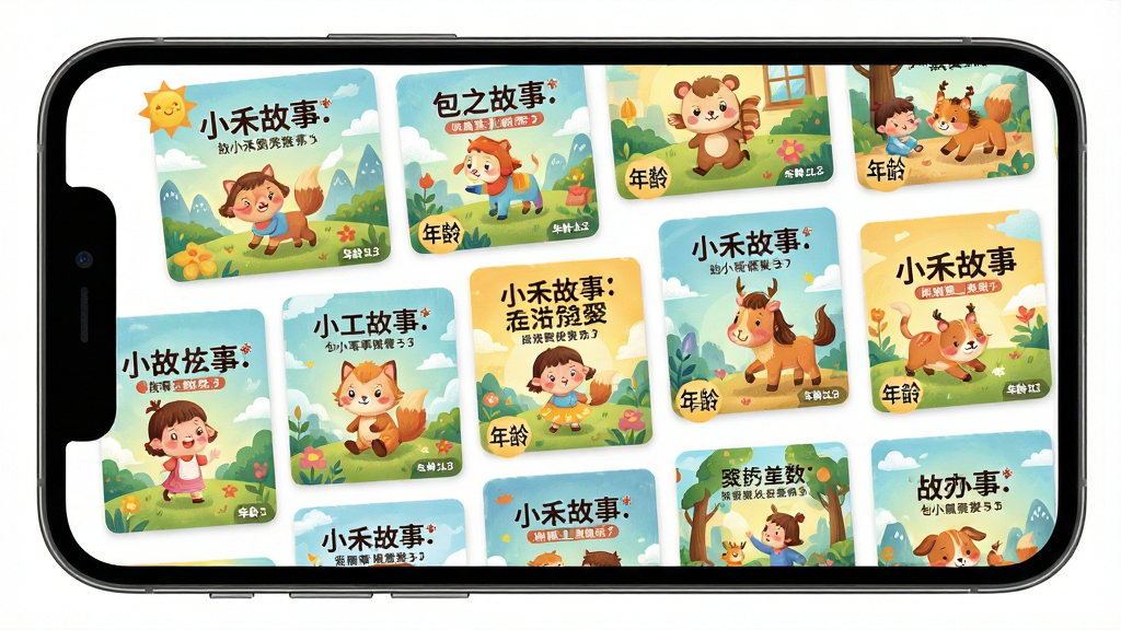 小禾故事应用内故事库界面截图,画面主体为手机屏幕中展示丰富的故事封面墙,布局采用瀑布流式排列,排版错落有致,风格为明快活泼的儿童插画风,细节包括故事标题标签与年龄分级标识,画质清晰,画面干净,无多余元素