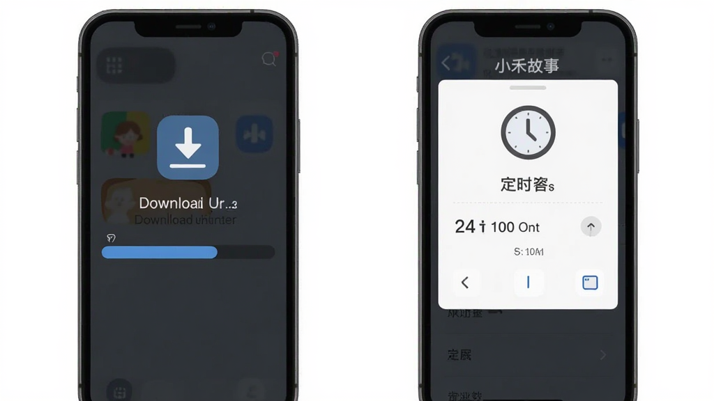 小禾故事离线缓存与定时关闭功能示意图,画面主体为手机界面中下载进度条与定时器设置面板,布局为左右分栏,排版简洁,风格为扁平化设计,细节包括下载图标与时钟图标,画质清晰,画面干净,无多余元素