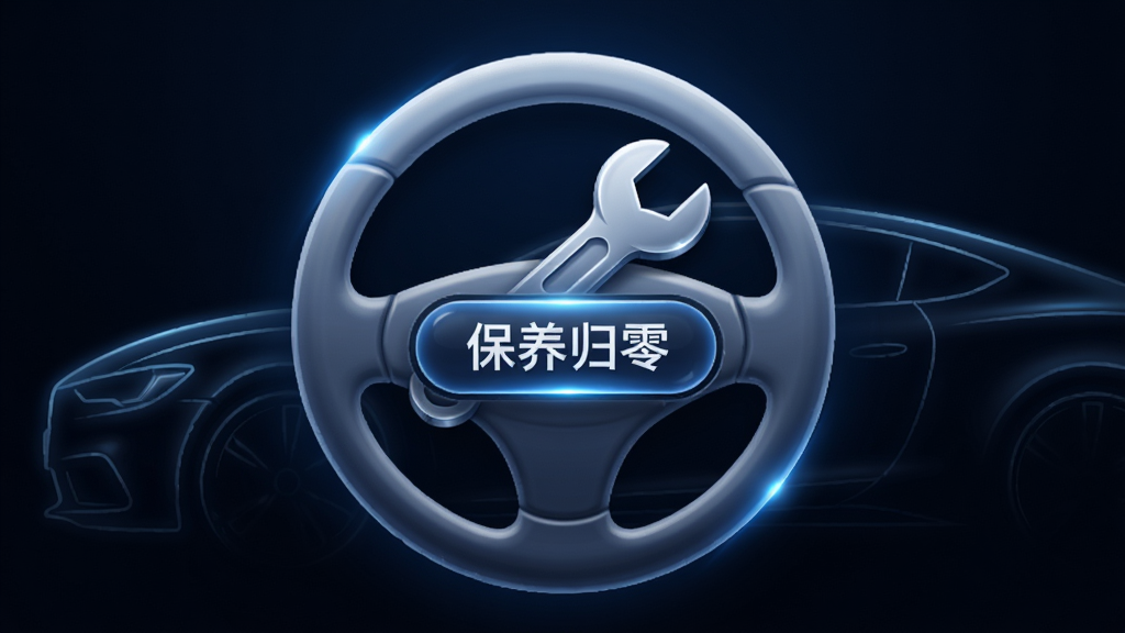 Autophix软件操作界面,画面展示一个圆形方向盘图标与扳手图标组合,中间有“保养归零”字样按钮,背景为深色渐变,风格现代科技感,细节处有微光效果与车辆轮廓线,画质锐利,干净无杂乱