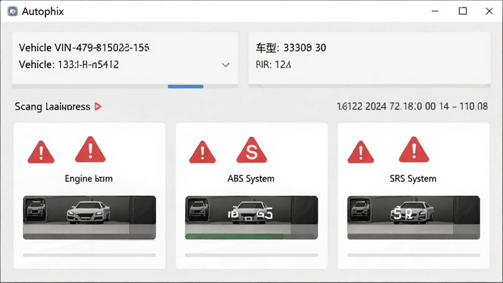 Autophix软件多系统扫描结果界面,画面中上部显示车辆VIN码与车型信息,下方以卡片列表形式展示发动机系统、ABS系统、SRS系统的故障数量,每个卡片带有红色警示图标,背景为浅灰色,风格简洁商务,细节处可见扫描进度条与时间戳,画质清晰干净