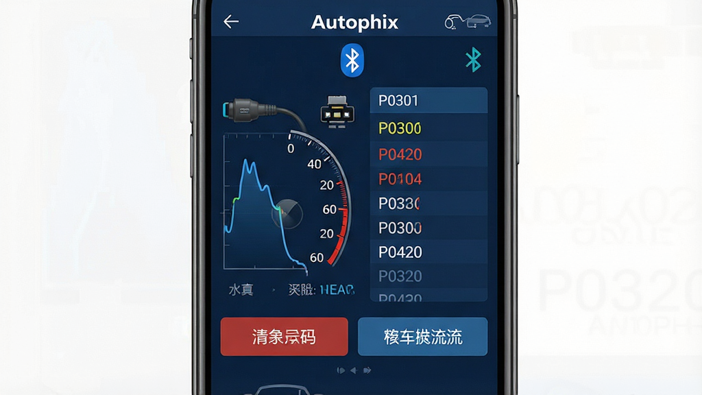 一张展示Autophix汽车诊断软件界面的手机截图,画面中央是深蓝色背景的仪表盘数据流界面,左侧显示发动机转速与水温的实时曲线,右侧列出P0301、P0420等故障码列表,顶部有蓝牙连接状态图标,底部有清除故障码和读取数据流两个按钮,整体布局清晰,风格偏向专业汽车维修工具,细节上能看到OBD接口图标与车辆轮廓,画质干净锐利,无多余装饰元素
