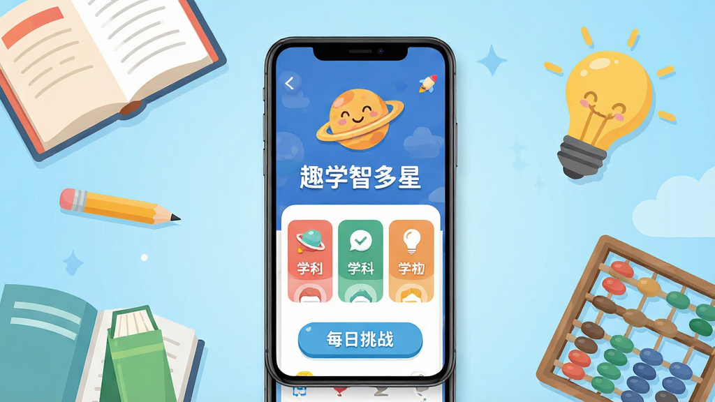 趣学智多星软件主界面全景展示,画面中央放置一部竖屏智能手机,手机屏幕上显示趣学智多星APP的首页,包含卡通星球图标、学科分类卡片和每日挑战按钮,屏幕内文字清晰写着“趣学智多星”,手机周围环绕书本、铅笔、灯泡、算盘等学习元素,背景为浅蓝色渐变,整体采用扁平卡通插画风格,细节丰富,画质高清,画面干净,无多余元素