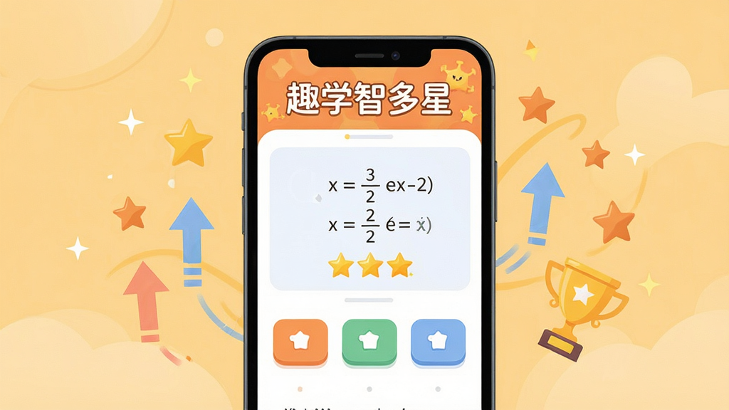 趣学智多星智能分层练习界面,画面中央展示手机屏幕,屏幕内显示一道数学思维题与难度星级标识,题目下方有三个选项按钮,屏幕上方有“趣学智多星”文字标题,手机旁边漂浮着上升的箭头、星星和奖杯图形,背景为柔和的橙黄色调,扁平化插画风格,画质清晰,画面干净,无多余元素