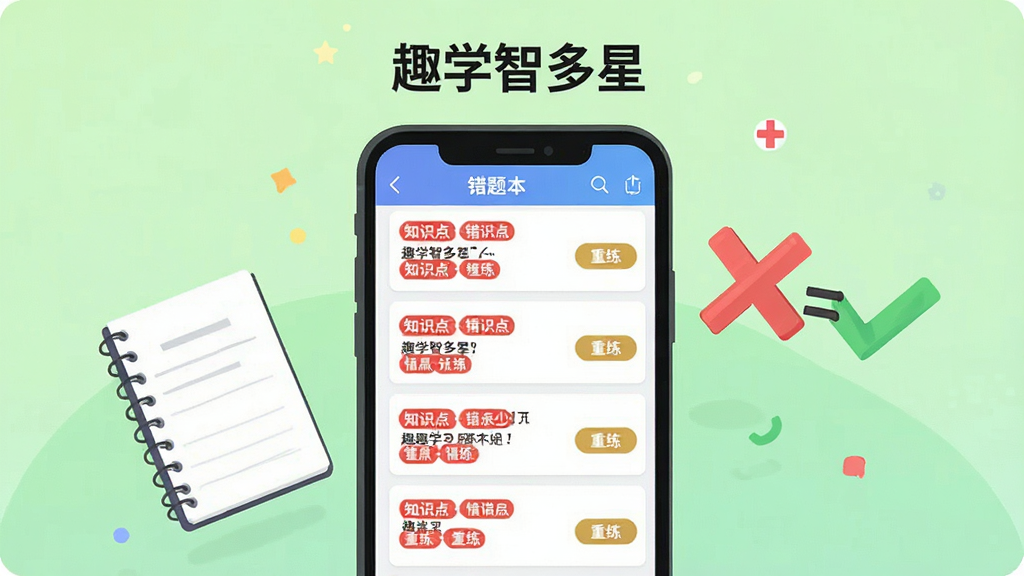 趣学智多星错题智能归纳界面,画面中央展示手机屏幕,屏幕内显示错题本列表,每道错题旁标注红色知识点标签和重练按钮,屏幕上方有“趣学智多星”文字,手机旁边漂浮着笔记本、红色叉号变绿色对号的图形,背景为浅绿色渐变,扁平化插画风格,画质清晰,画面干净,无多余元素