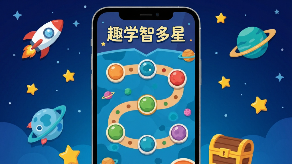 趣学智多星趣味闯关地图界面,画面中央为手机屏幕,屏幕内展示一张星球探险风格的地图,地图上有多个圆形关卡节点和一条弯曲前进的路线,屏幕顶部显示“趣学智多星”文字,手机周围环绕小火箭、星球、星星和宝箱插画,背景为深蓝色星空渐变,扁平卡通风格,画质高清,画面干净,无多余元素