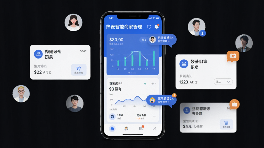 主体为一部智能手机屏幕展示热麦智能商家管理界面,布局为手机居中、周围环绕订单卡片与会员头像小图标,排版简洁清晰,风格为现代扁平化科技风,细节包含蓝色主色调界面、数据图表、消息提醒气泡,画质高清干净无多余元素