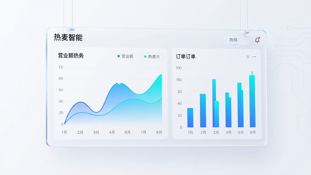 主体为一块悬浮的半透明数据看板,布局为看板居中显示营业额曲线与订单柱状图,排版左右分栏,风格为简约商务科技感,细节包含“热麦智能”字样、蓝色与青色渐变图表、干净背景,画质高清无多余元素