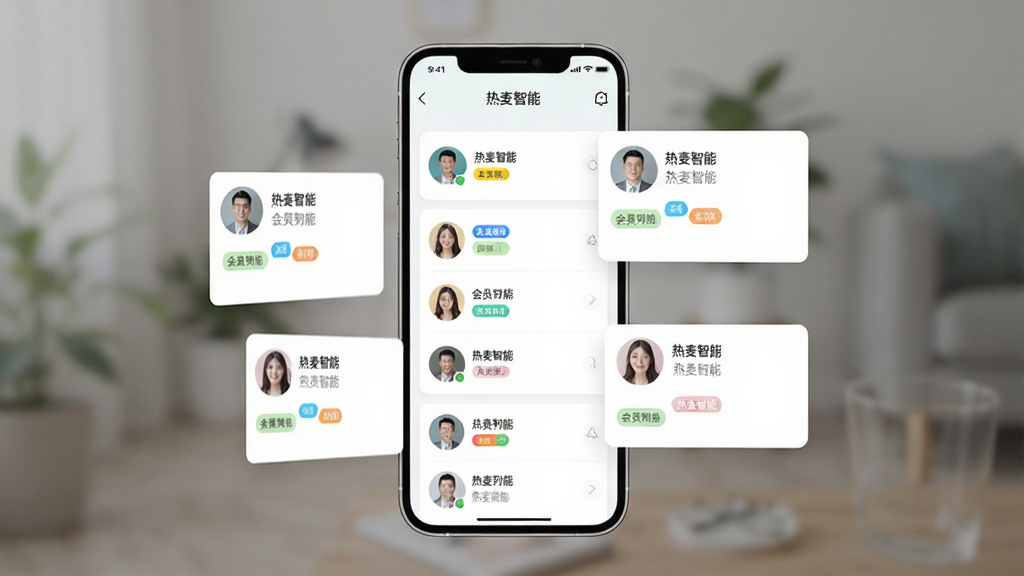 主体为手机界面展示会员列表与标签管理页面,布局为手机正面居中、旁边漂浮会员卡片,排版整齐,风格为清新浅色系UI风格,细节包含“热麦智能”文字、圆形头像、彩色标签、干净白色背景,画质清晰无多余元素