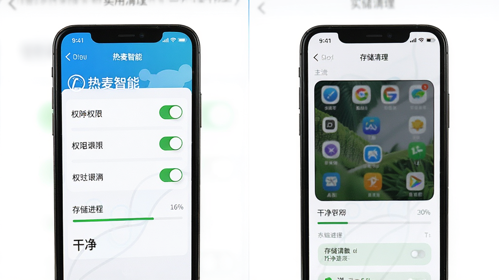 主体为手机屏幕展示应用权限设置页面与存储清理界面,布局为两部手机并排展示,排版左右对照,风格为实用教程风,细节包含“热麦智能”字样、权限开关按钮、存储进度条、干净白色背景,画质高清无多余元素