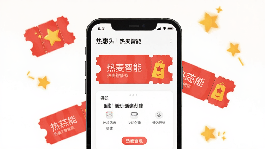 主体为手机屏幕展示优惠券与活动创建页面,布局为手机居中、周围散落优惠券图标,排版活泼,风格为扁平化插画风,细节包含“热麦智能”字样、红色优惠券、积分星星、干净浅色背景,画质高清无多余元素