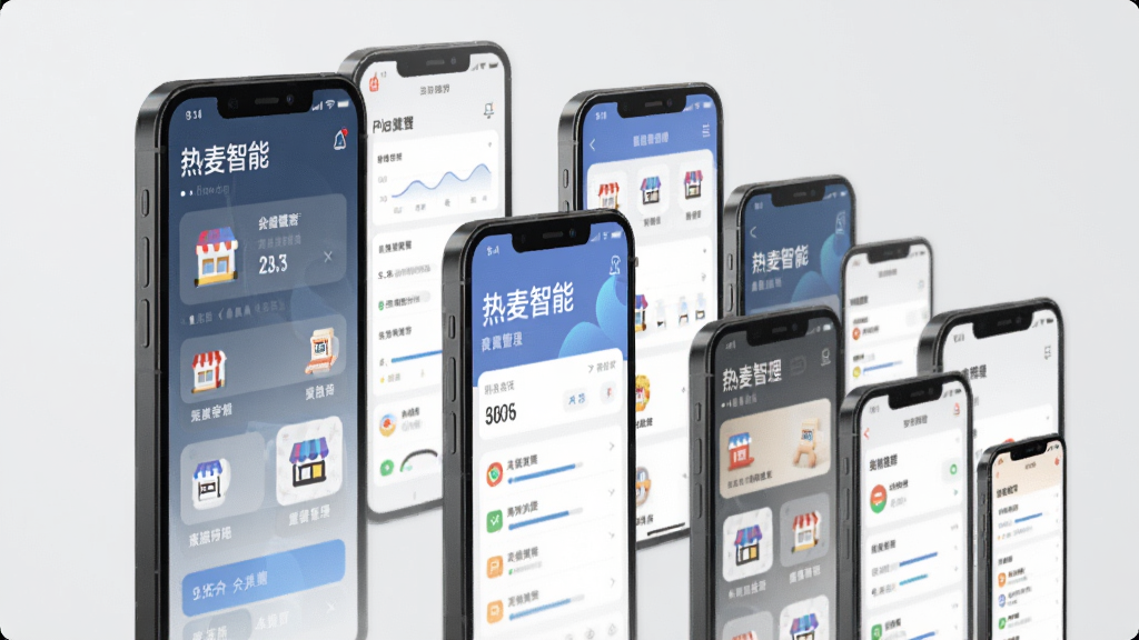 主体为多部手机排列展示不同门店管理界面,布局为阶梯式错落排列,排版具有纵深感,风格为现代商业插画风,细节包含“热麦智能”标识、门店图标、数据面板、浅灰背景,画质干净高清无多余元素