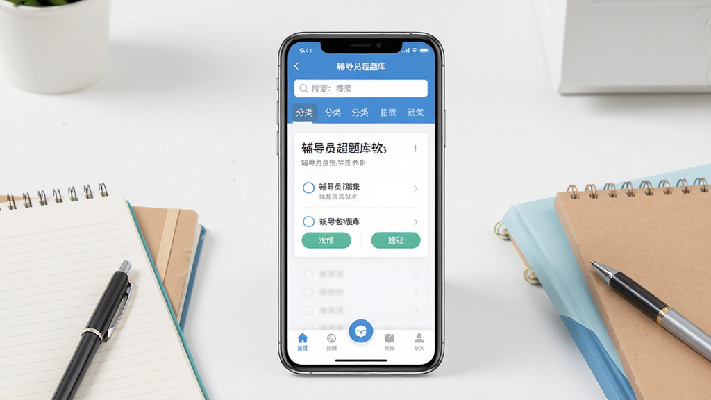 一张展示辅导员超题库软件主界面的图片,画面中央是一台竖屏智能手机,手机屏幕上显示着题库练习界面,顶部有搜索栏和分类标签,中间是题目卡片和选项按钮,底部有导航栏。手机周围散落着几本笔记本和一支笔,背景是整洁的书桌环境。整体风格清新明亮,采用扁平化设计,细节清晰,画质干净,无多余元素,图片中文字为“辅导员超题库”