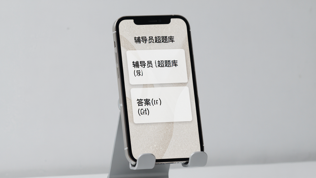 一张展示辅导员超题库知识点速记卡片的图片,手机屏幕显示一张问答卡片,上方是问题,下方是答案,背景有细微的纹理。手机放在一个简约的手机支架上,背景是浅灰色墙面。风格极简,细节干净,画质清晰,图片中文字为“辅导员超题库”