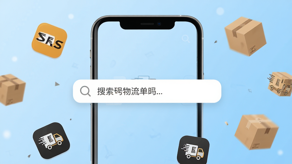 一张手机屏幕展示快递单号物流查询应用的主界面,界面中央是搜索框,背景是干净的浅蓝色渐变,周围漂浮着多个快递公司的标志性图标和包裹纸箱元素,整体风格简洁现代,画质清晰,干净,无多余元素