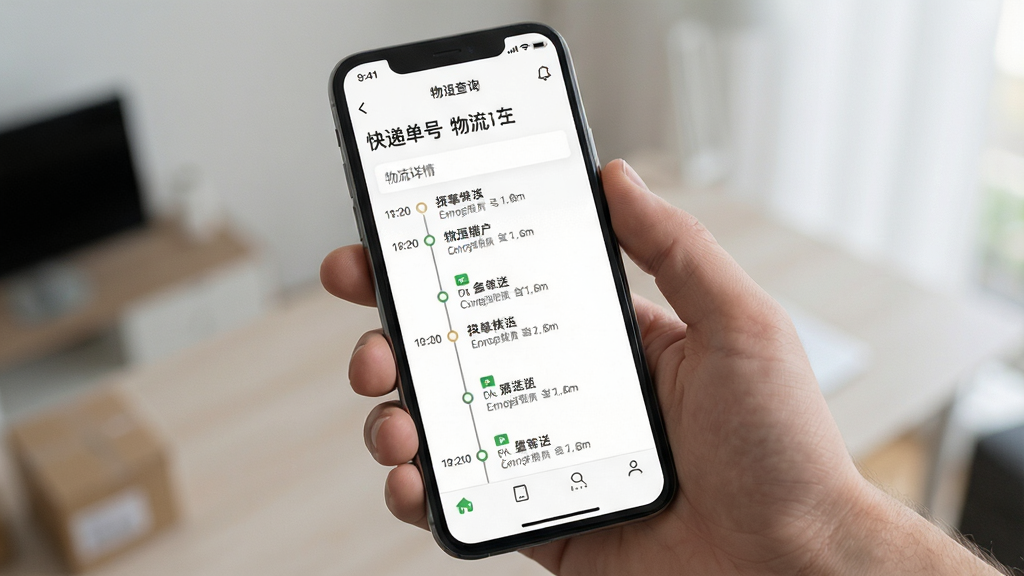 一张手机应用界面展示快递单号物流查询的物流详情页面,画面中清晰显示包裹运输轨迹的时间轴,从揽收到派送的各个节点排列整齐,背景为白色,文字清晰,整体风格简洁专业,画质清晰,干净,无多余元素