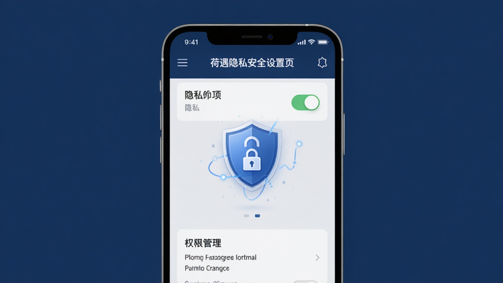 荷遇隐私安全设置页面,手机屏幕显示隐私选项开关和权限管理界面,画面中有盾牌和锁的图标元素象征安全保护,背景为稳重的深蓝色调,整体风格专业可靠,排版清晰,画质干净,无多余元素