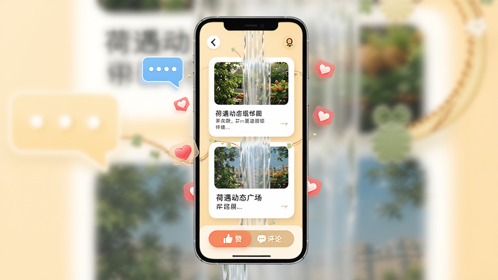 荷遇动态广场界面展示,手机屏幕中呈现瀑布流动态卡片,包含图片和文字内容,下方有点赞评论按钮,背景为浅色温暖调,画面中漂浮着聊天气泡和爱心图标,整体风格活泼清新,排版整齐,画质清晰,干净无多余元素
