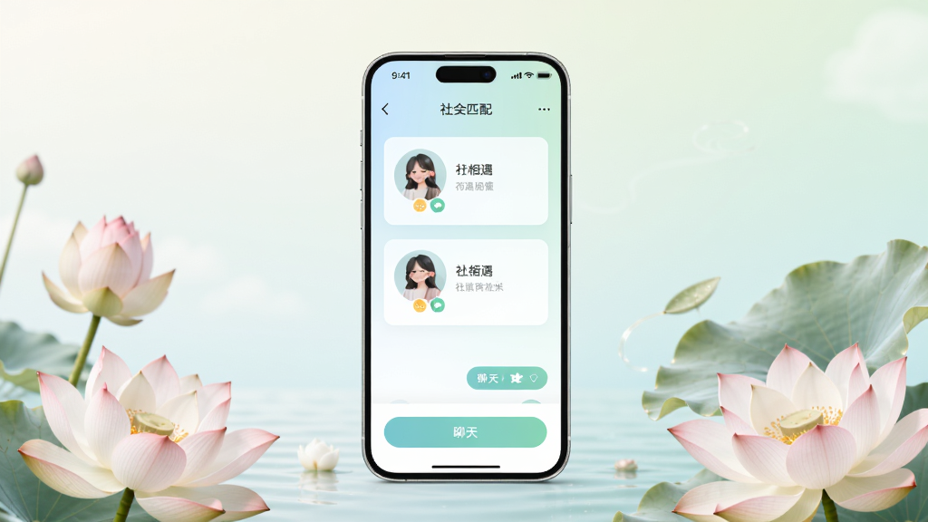 荷遇APP主界面展示,手机屏幕中显示社交匹配页面,界面清爽简洁,有用户头像卡片和聊天入口按钮,背景为淡雅浅色渐变,画面中央放置一部智能手机,手机周围点缀荷花与相遇主题的柔和装饰元素,整体风格现代简约,排版居中对称,画质清晰干净,无多余元素
