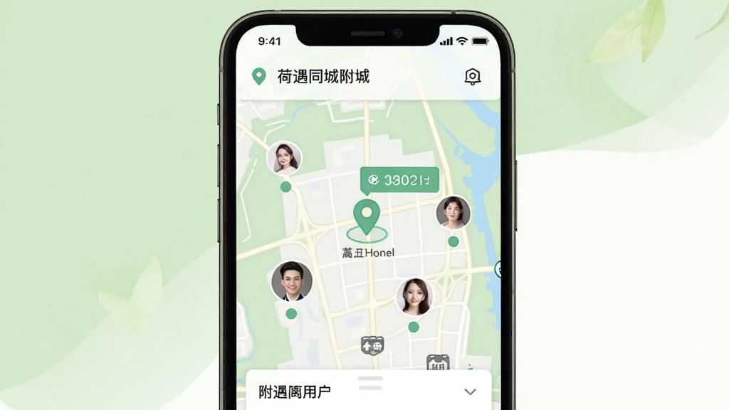 荷遇同城附近功能展示,手机屏幕显示地图界面与附近用户头像分布,画面中有定位图标和距离标注,背景为浅绿色与白色搭配,整体风格清新自然,排版直观,画质清晰,干净无多余元素