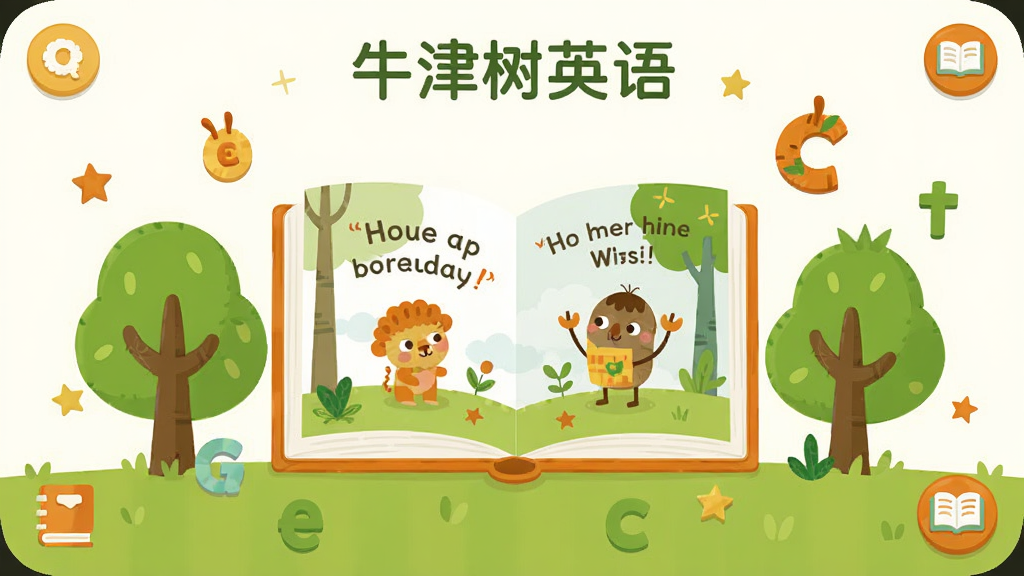 一款名为“牛津树英语”的儿童英语学习软件主界面,画面中央展示一本翻开的英文绘本,周围环绕卡通树木和字母元素,整体布局简洁明快,采用扁平化插画风格,色彩以温暖的橙色和清新的绿色为主,细节处加入小星星和书本图标,画质高清,干净整洁,无多余元素