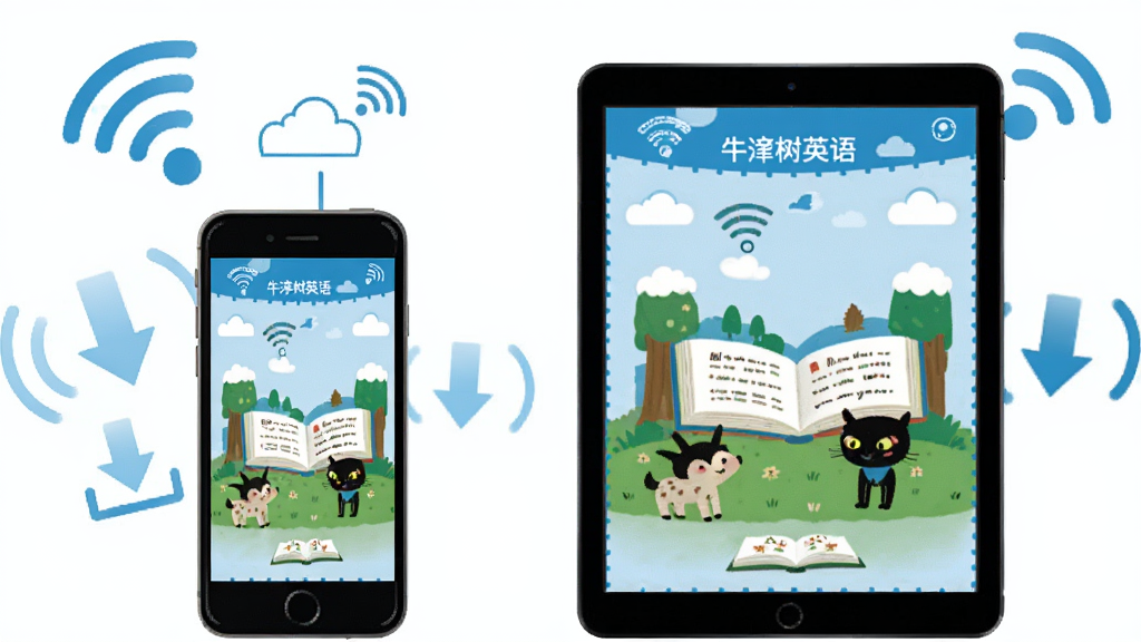 展示“牛津树英语”多端适配和离线功能的示意图,画面中同时出现手机和平板设备,屏幕中显示相同的绘本内容,设备周围有无线网络和下载箭头图标,布局对称排列,风格为科技感扁平插画,色彩以蓝色和白色为主,细节处加入云朵和信号波纹,画质清晰,干净无多余元素