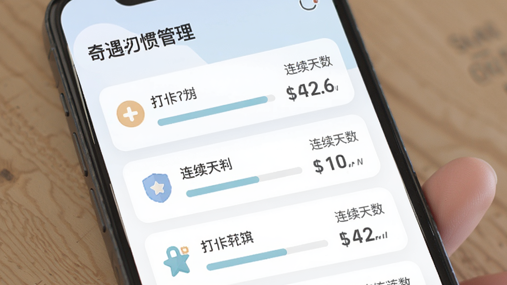 打卡奇遇软件的习惯管理页面,展示多个打卡项目列表,每个项目带有进度条和连续天数标识,界面采用卡片式布局,配色柔和,风格简约现代,细节清晰,高清画质