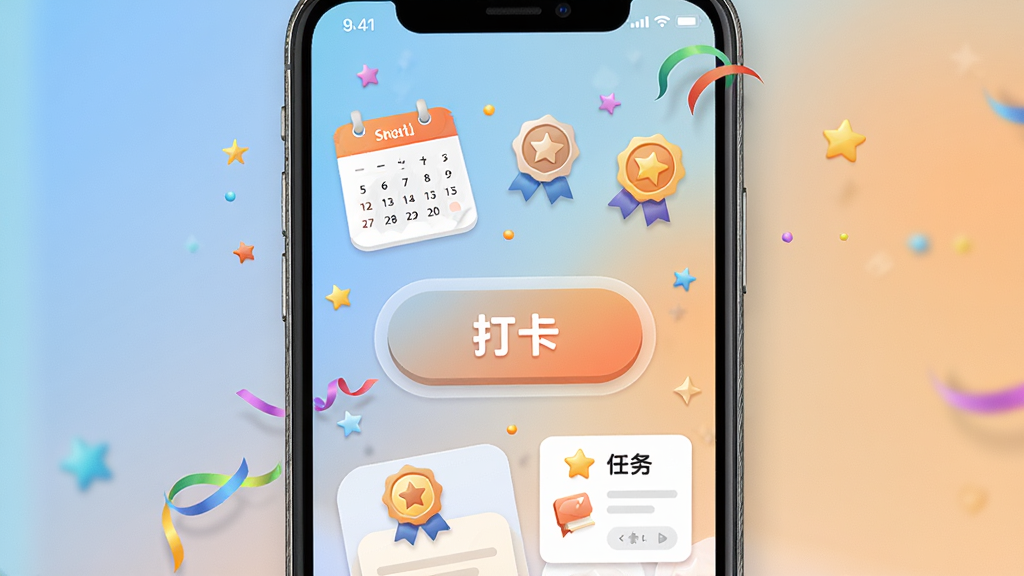 一张手机屏幕展示打卡奇遇软件主界面,中央有醒目的打卡按钮,周围环绕着日历、徽章、任务卡片等元素,背景是柔和的渐变蓝色与橙色,风格清新活泼,细节包括小星星和彩带点缀,画面干净整洁,无多余文字,高清画质
