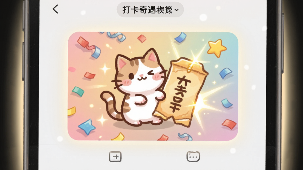 打卡奇遇软件界面中弹出随机事件卡片,卡片上画着卡通猫咪和幸运签,背景有彩纸和光效,手机屏幕周围有柔和光晕,风格可爱治愈,画面干净,高清画质