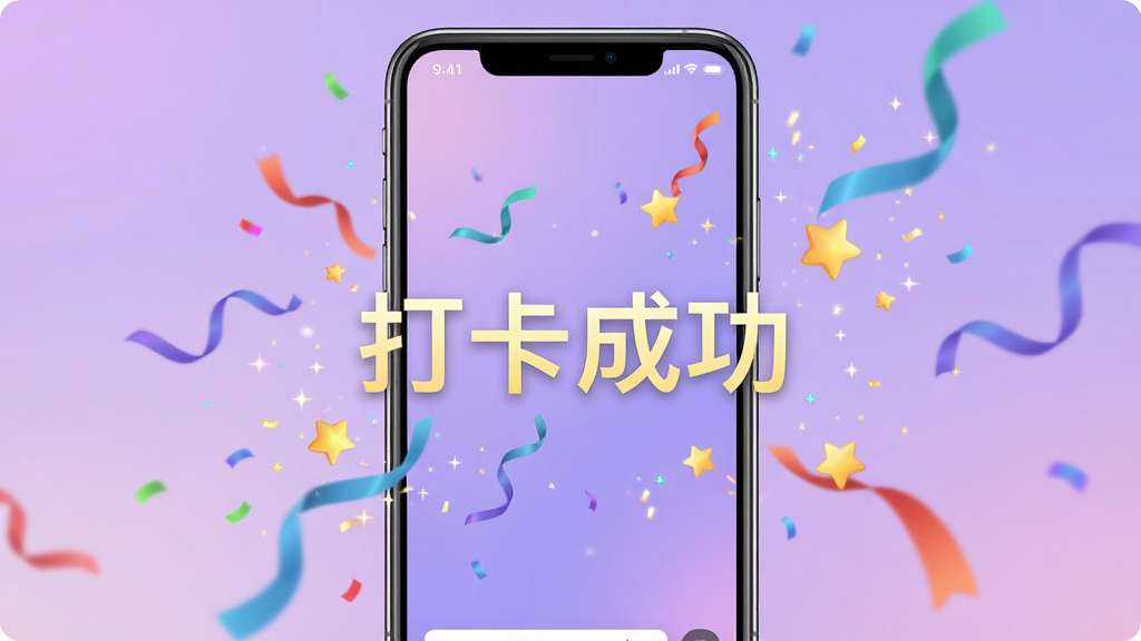 打卡奇遇软件在手机上的打卡动画截图,屏幕显示彩带和星星特效,中央有“打卡成功”字样,背景是柔和的紫色渐变,风格喜庆,画面干净,高清画质