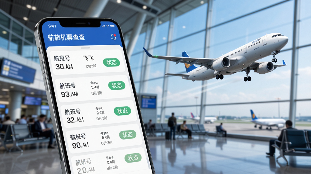 航旅机票查查航班动态查询功能展示图,画面中一部手机显示航班动态列表,包含航班号、起飞时间、状态标签,背景为机场候机楼与起飞飞机,布局清晰,风格现代科技感,细节丰富,画质干净,无多余元素