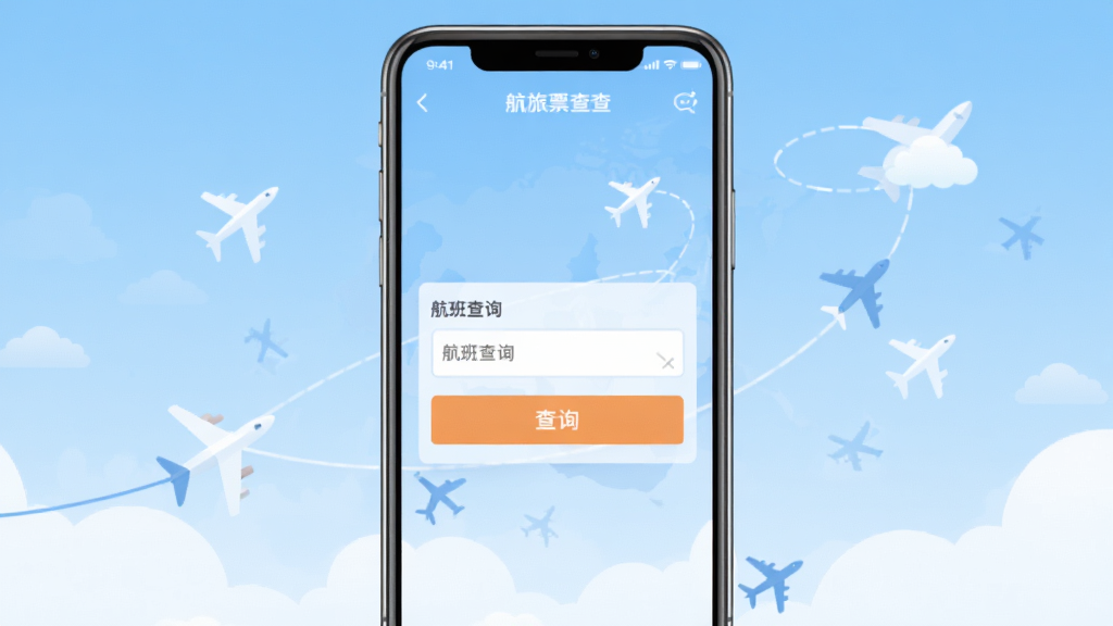 航旅机票查查软件主界面截图,画面中央展示航班查询输入框与查询按钮,背景为淡蓝色渐变天空与航线元素,界面干净简洁,手机屏幕居中摆放,周围点缀小飞机图标与云朵,风格清新扁平化,细节清晰,画质干净,无多余元素