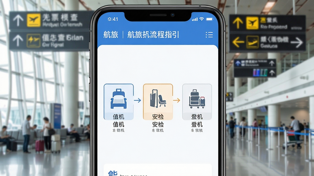 航旅机票查查乘机流程指引界面,手机屏幕展示值机、安检、登机三步图示,背景为机场大厅与指示牌,风格简洁明快,细节清晰,画质干净,无多余元素