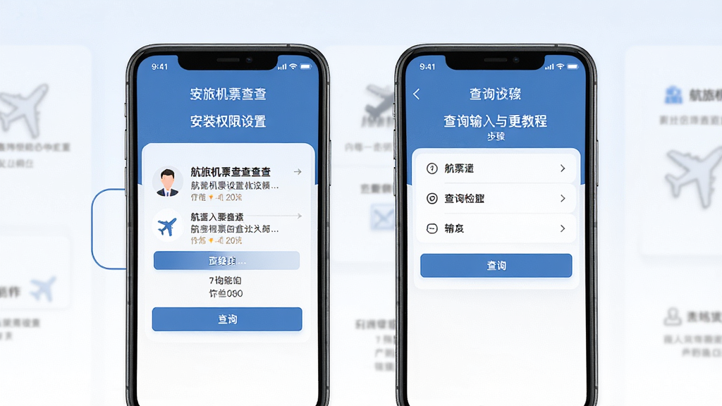 航旅机票查查移动端使用教程示意图,手机屏幕展示安装权限设置与查询输入步骤,背景为简洁操作指引界面,风格清晰直观,细节丰富,画质干净,无多余元素
