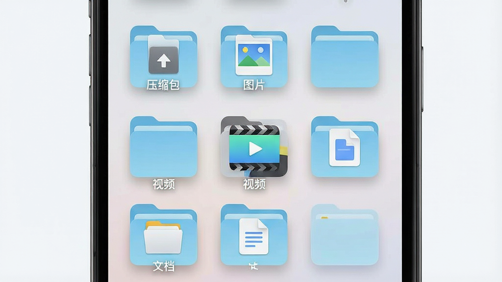 一张展示全能解压专家文件管理界面的图片,画面为手机屏幕显示分类清晰的文件夹网格,每个文件夹上有图标标识如“压缩包”“图片”“视频”“文档”,布局为九宫格排列,风格清新简约,细节包含柔和的阴影和圆角图标,画质干净,无多余元素