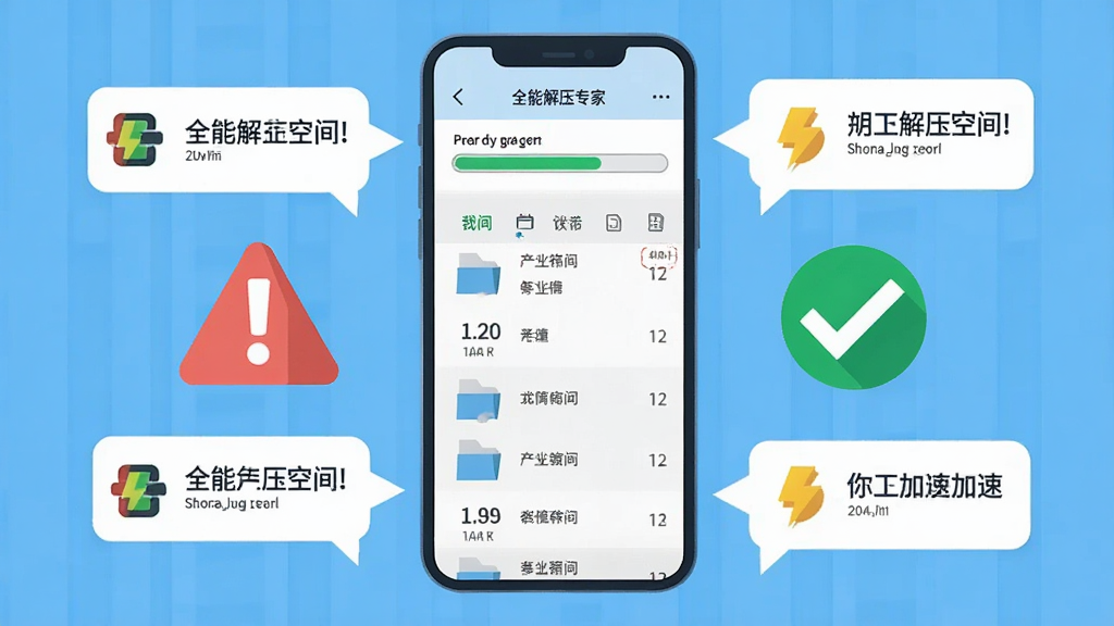 一张展示全能解压专家在手机上解压过程的界面图,画面中手机屏幕显示解压进度条和文件列表,旁边有一个红色警示标志和绿色对勾标志,布局为手机居中,周围环绕提示气泡,风格扁平化信息图,细节包含存储空间图标和闪电加速符号,画质清晰,干净,无多余元素