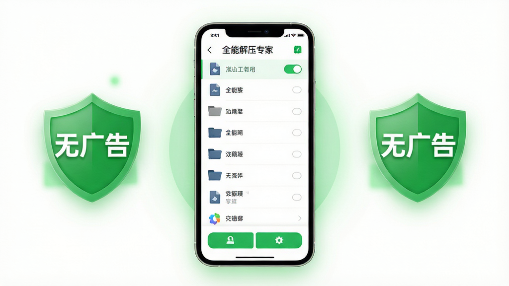 画面展示全能解压专家应用界面,屏幕干净整洁,只有文件列表和功能按钮,周围用绿色盾牌和“无广告”标签点缀,布局为居中手机展示,风格简约商务,细节包含柔和的绿色光晕和干净的白色背景,画质清晰,干净,无多余元素